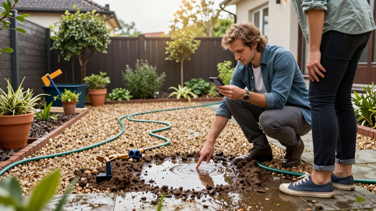 Man checking water leak in garden, kneeling by puddle, holding phone. Woman stands beside him, observing the situation.