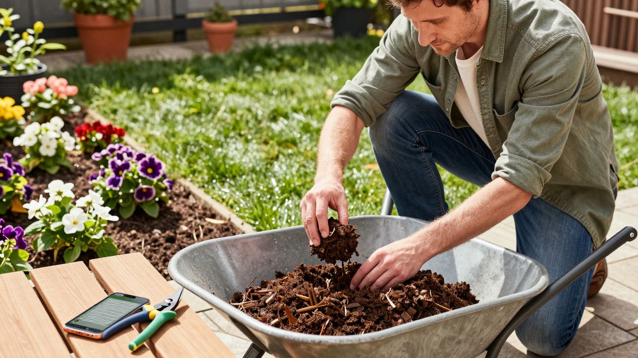 Man kneeling beside a wheelbarrow filled with soil, surrounded by flowers and gardening tools on a sunny day.