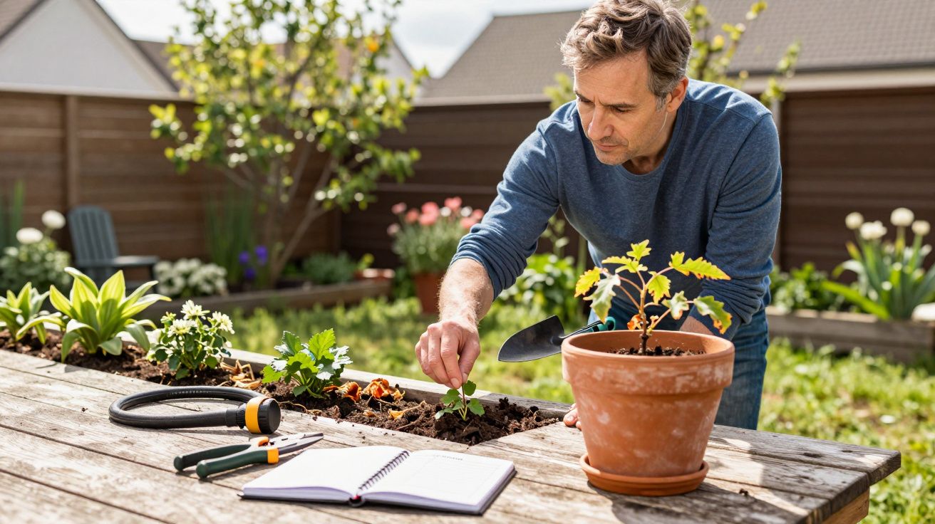 Man planting seedlings in a garden, with tools and a notebook on a wooden table nearby.