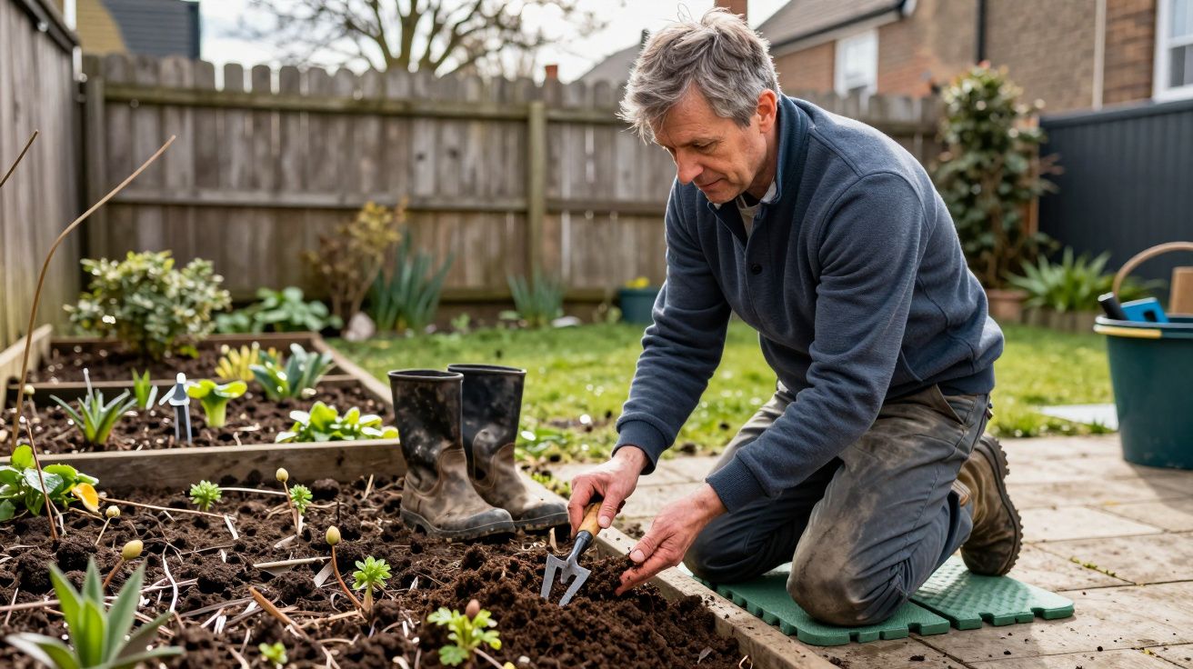 Man kneeling in garden bed with trowel, surrounded by plants, wellington boots on grass, wooden fence in background.