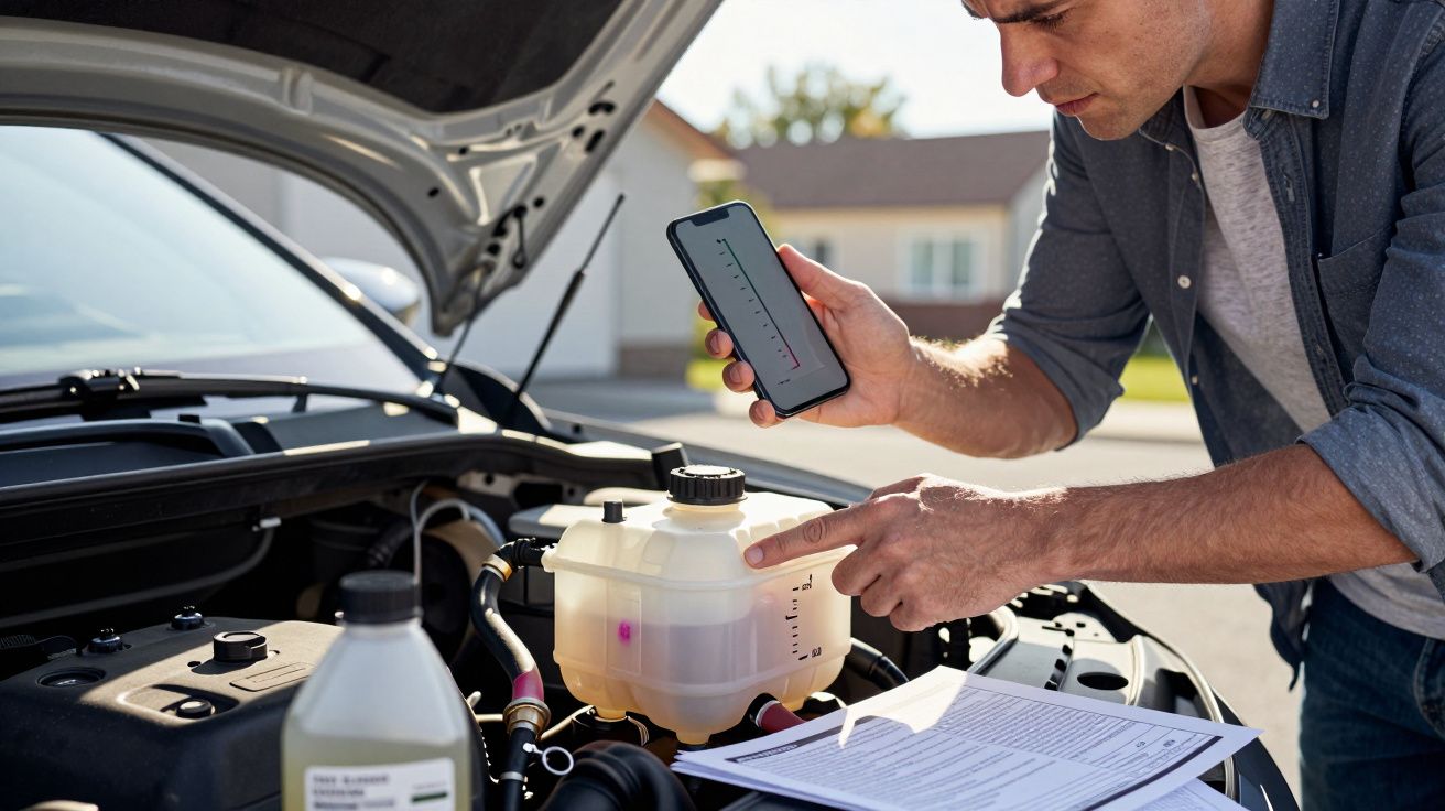 Man checking car's coolant level with a smartphone app beside a parked car with the bonnet open.