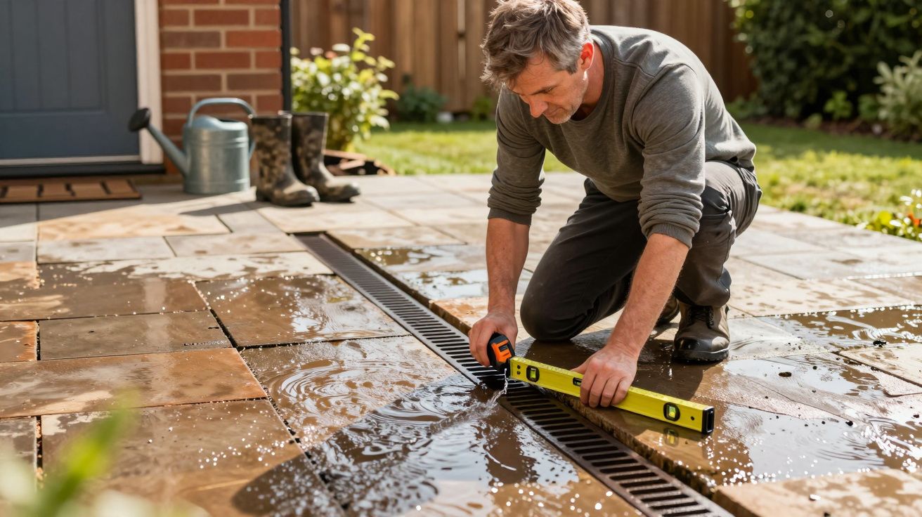 Man kneeling on wet patio, using a spirit level to check drainage alignment, with garden boots and watering can nearby.