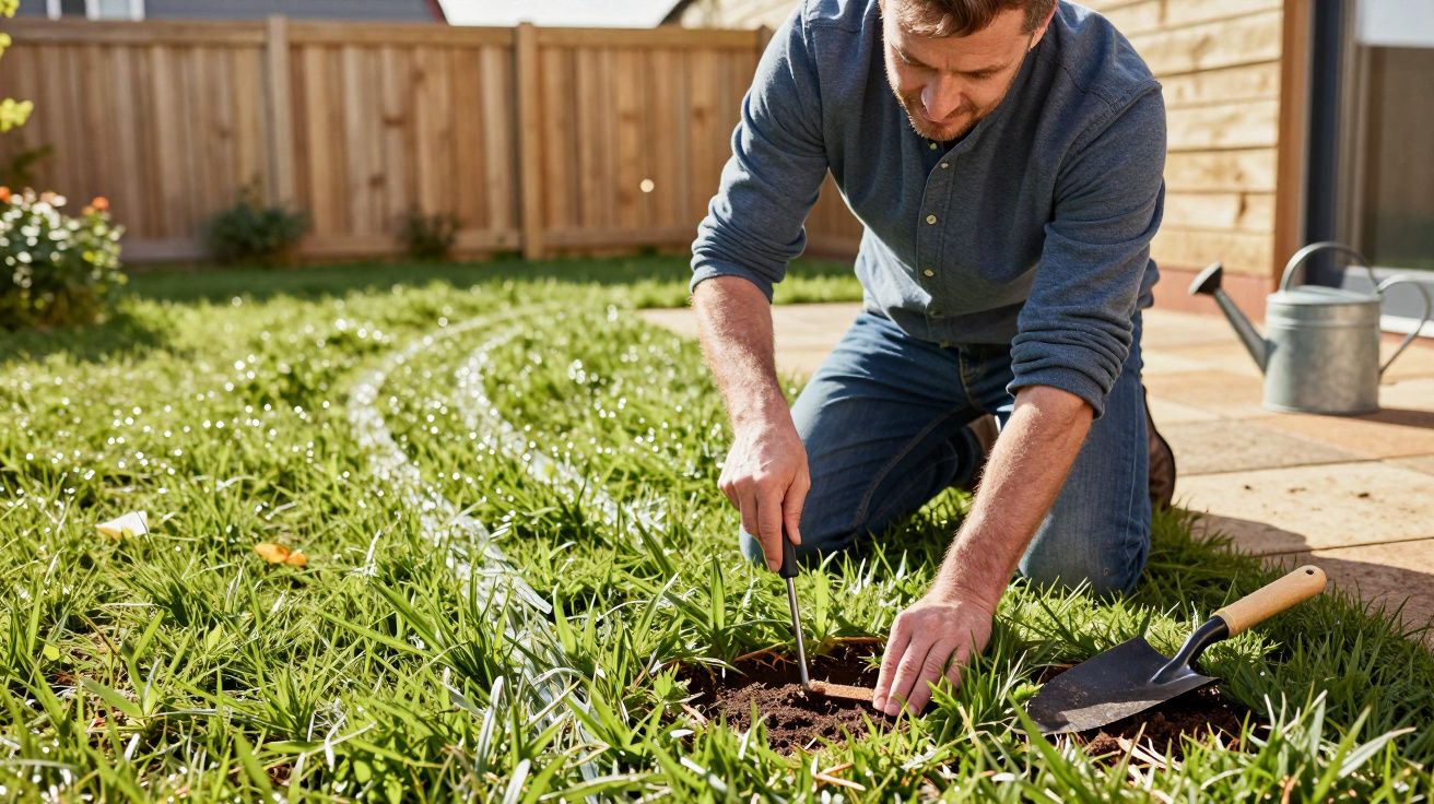 Man gardening in a backyard, kneeling on grass and using a hand tool, with a watering can and trowel nearby.