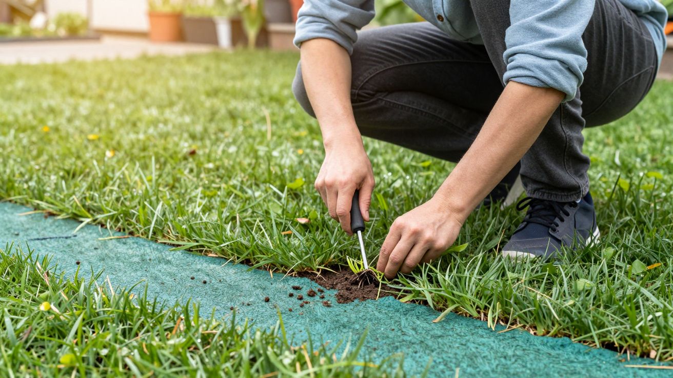 Person planting small plant in lawn patch, using a trowel for digging.