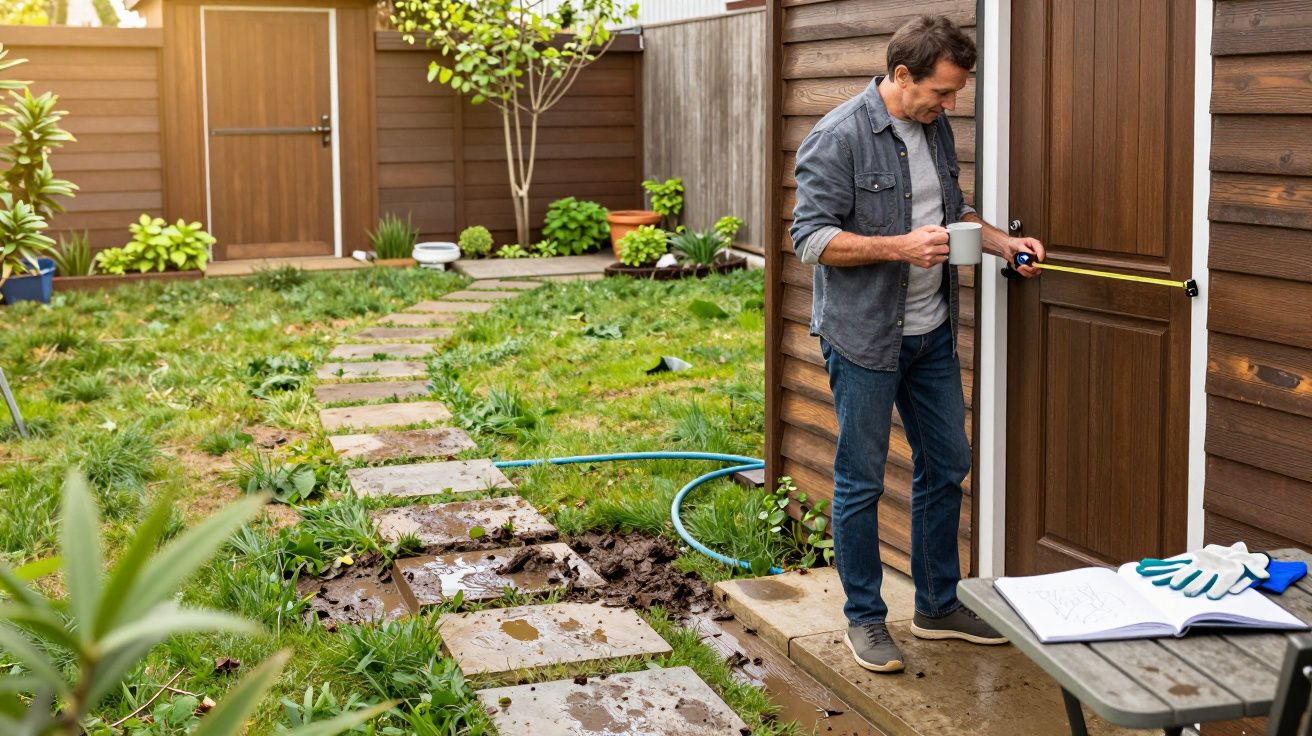 Man holding tape measure and mug by garden shed, with scattered tools and a stone path in a lush garden.