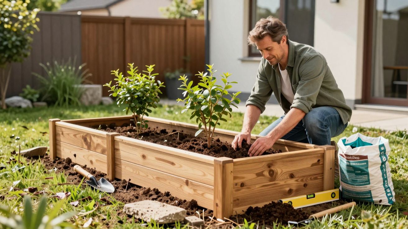 Man gardening in wooden raised bed, planting shrubs, with tools and soil bag nearby, in a sunny backyard.