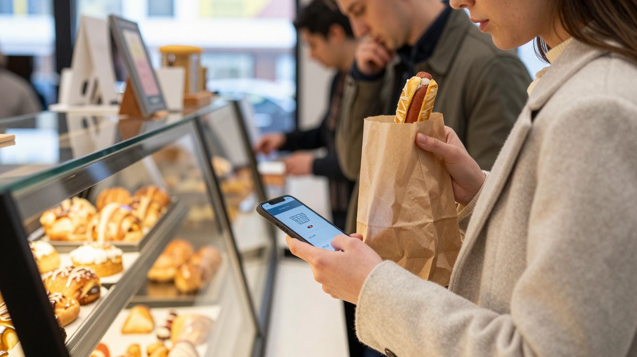 Person holding a paper bag with a pastry, using smartphone in a bakery with a display of assorted baked goods.