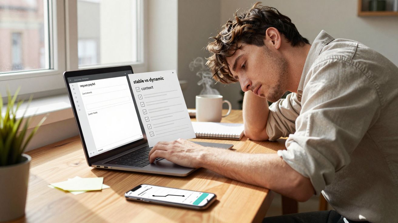 Man leaning on desk, looking at laptop, with notebook, coffee, and smartphone nearby.
