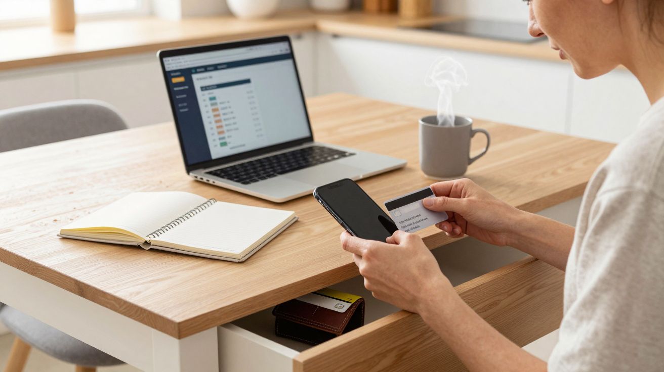 A person holds a phone and credit card at a table with a laptop, notebook, mug, and wallet in an open drawer.