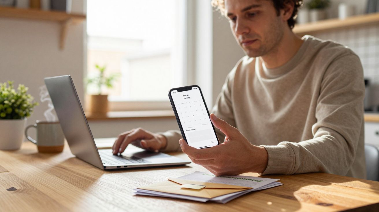 Man using smartphone and laptop at wooden table, holding phone displaying calendar app, with papers and coffee cup nearby.