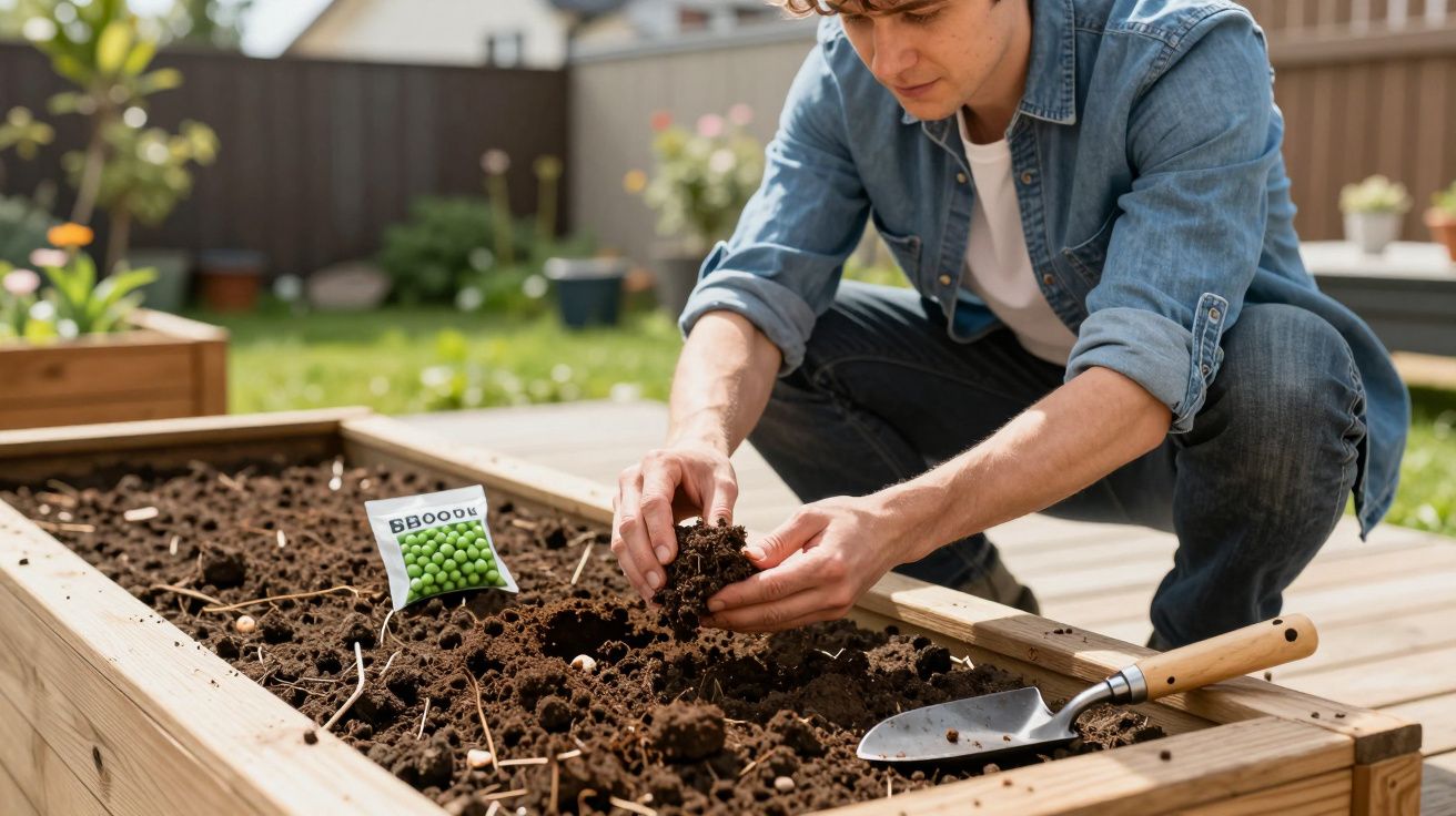 Person planting seeds in a raised garden bed, with a packet of peas nearby and a trowel on soil.