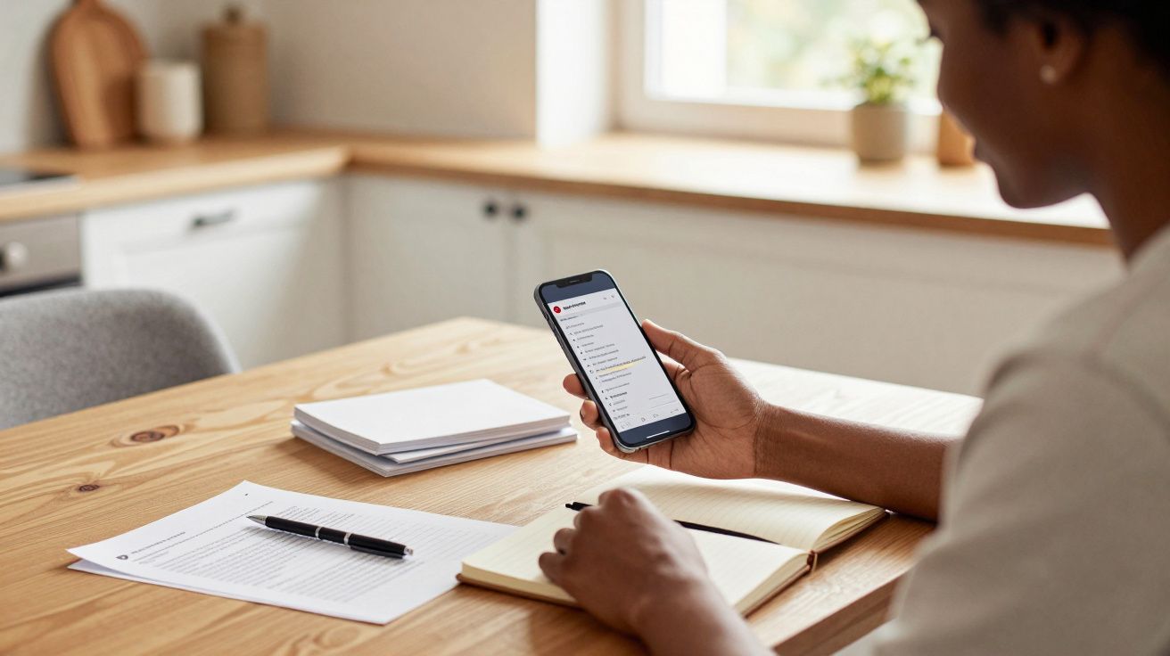 Person sitting at a wooden table, using a smartphone, with papers and a notebook in a bright kitchen setting.