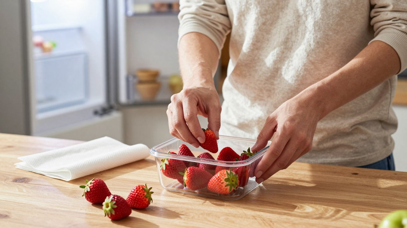 Person placing strawberries into a rectangular glass container in a kitchen.