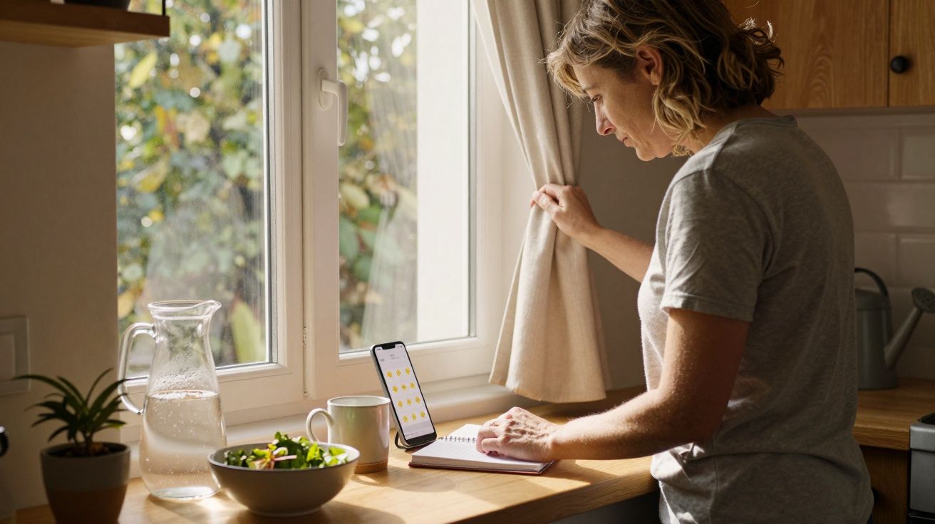 Woman standing by kitchen window, using a phone on a stand with a salad bowl, water jug, and mug nearby.