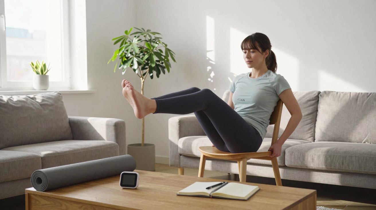 Woman practising yoga at home, balancing on a wooden chair in a bright living room with a yoga mat and open notebook nearby.