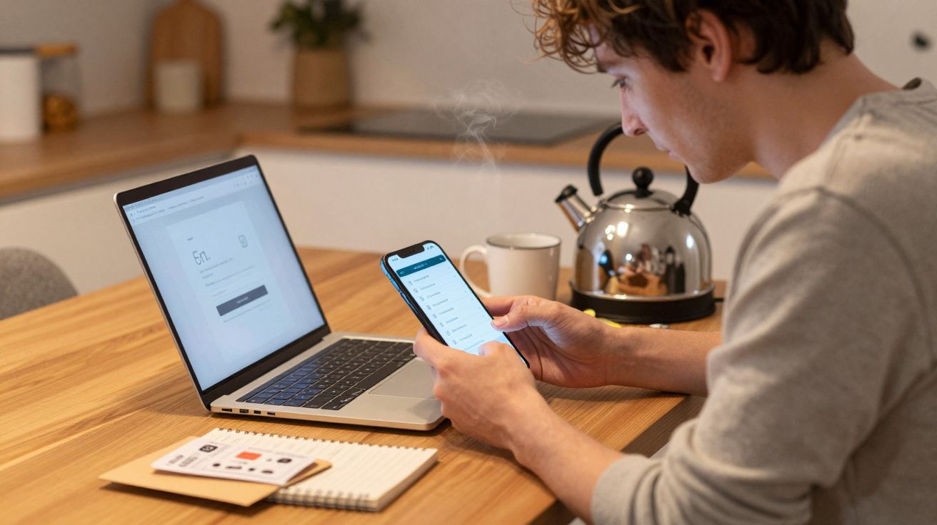 Person using a smartphone while working on a laptop at a kitchen table with a kettle and mug in the background.