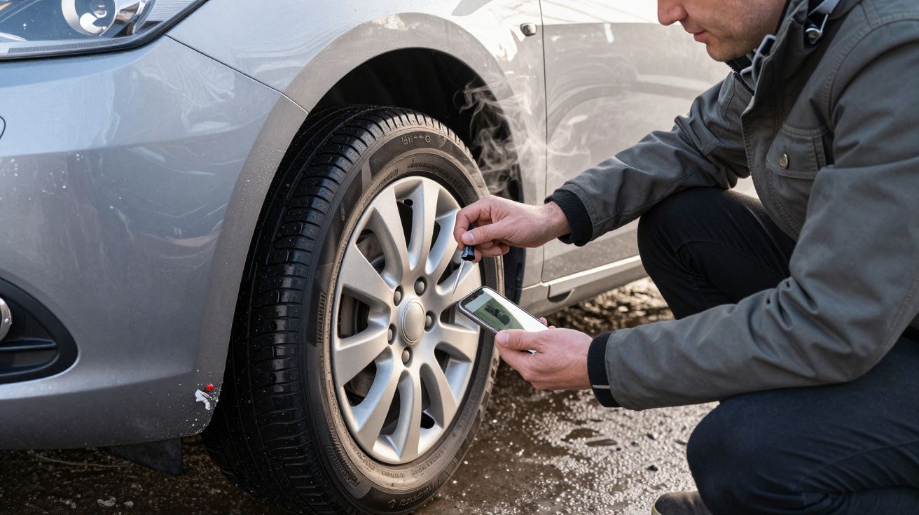 Person checking car tyre pressure with digital gauge, wearing a grey jacket.