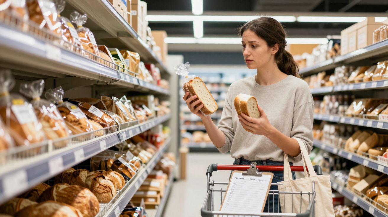 Woman comparing loaves of bread in a supermarket aisle, shopping trolley in front.