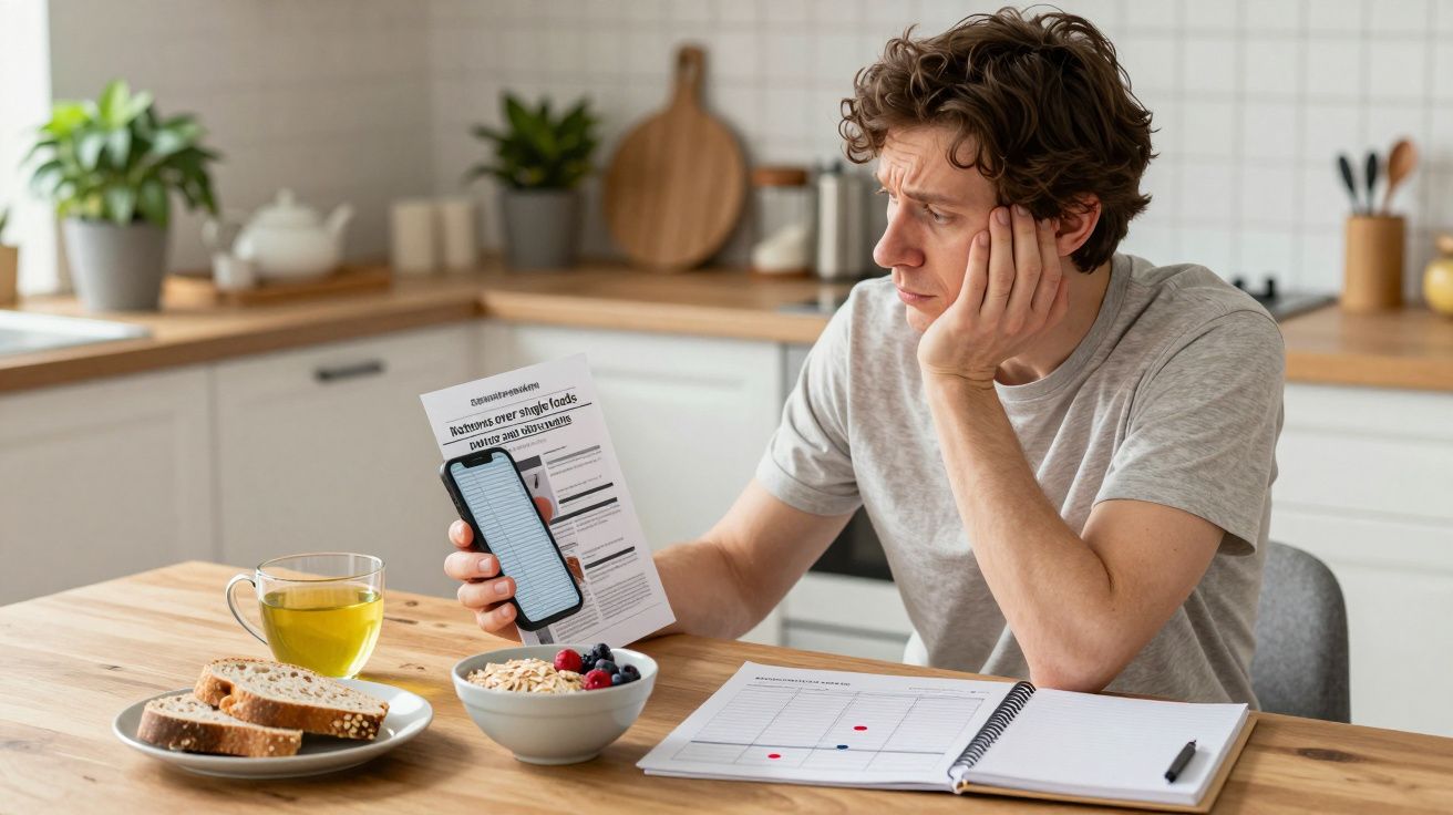 Man at breakfast table looking at smartphone and paper, with toast and tea.