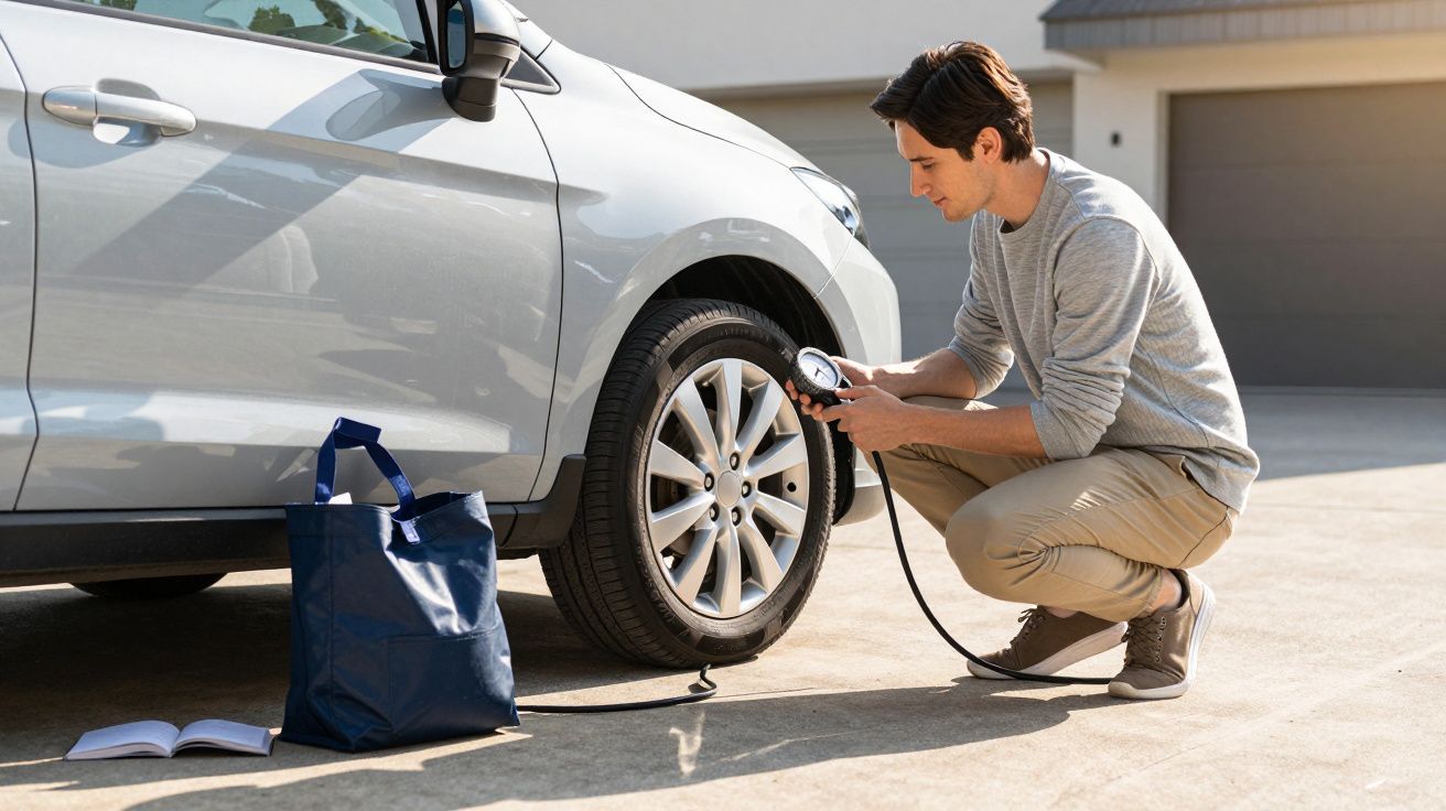 Man inflating car tyre with a portable pump on driveway.