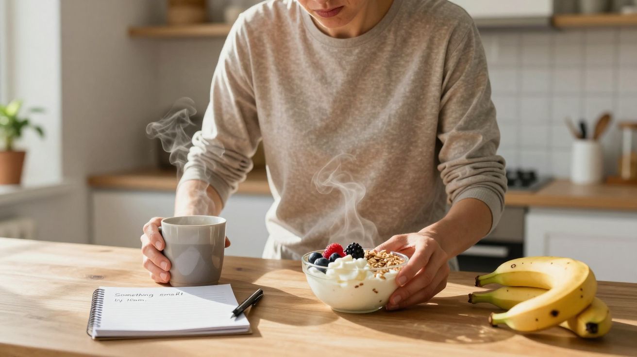 Person holding a yoghurt and fruit bowl, and a mug beside a notepad on a kitchen counter with bananas.