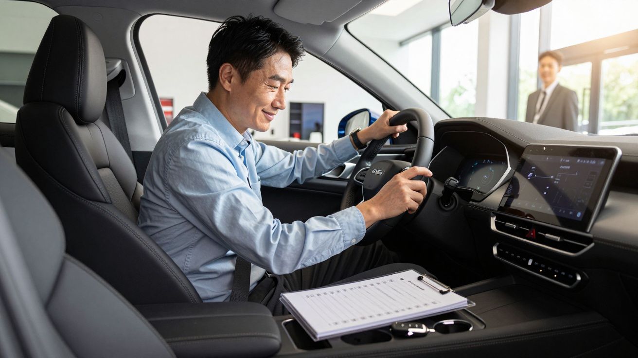 Man smiling and sitting in a car, holding the steering wheel, with a clipboard on the centre console.