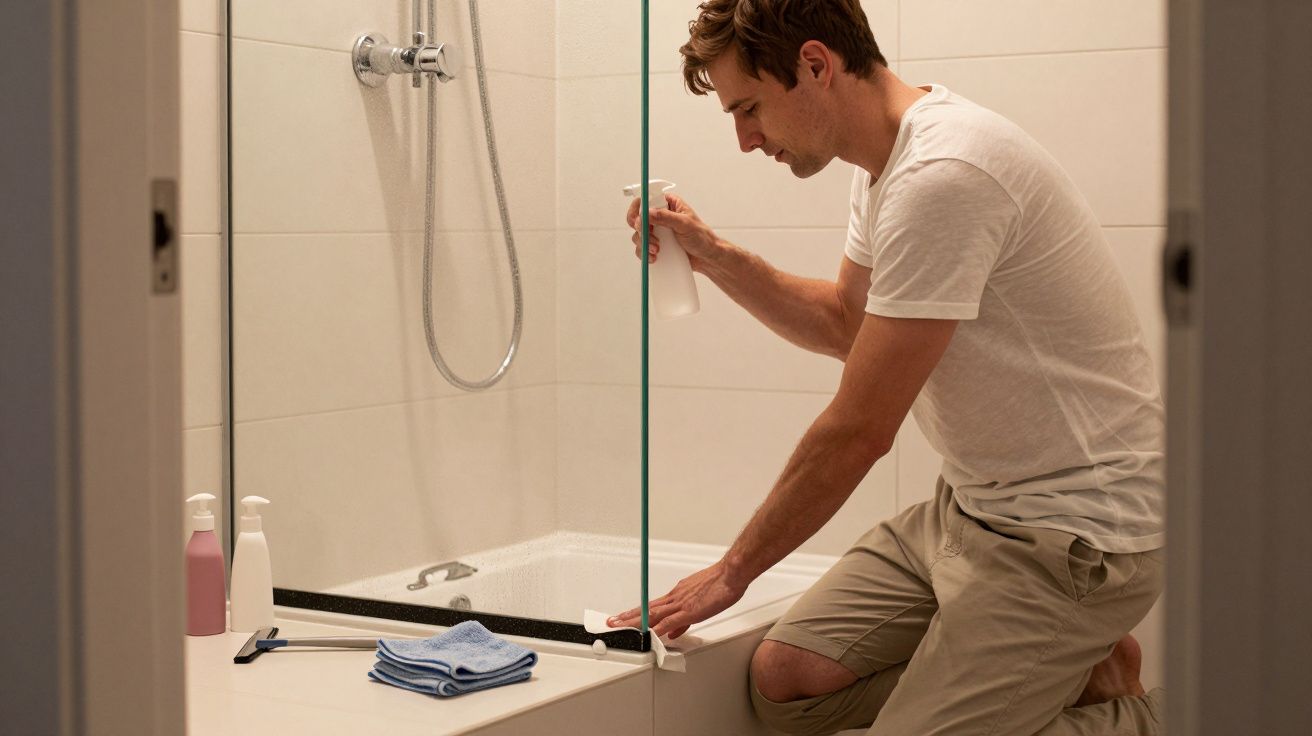 Man cleaning the bathroom, kneeling by a bathtub and spraying cleaner onto a glass panel, with towels nearby.
