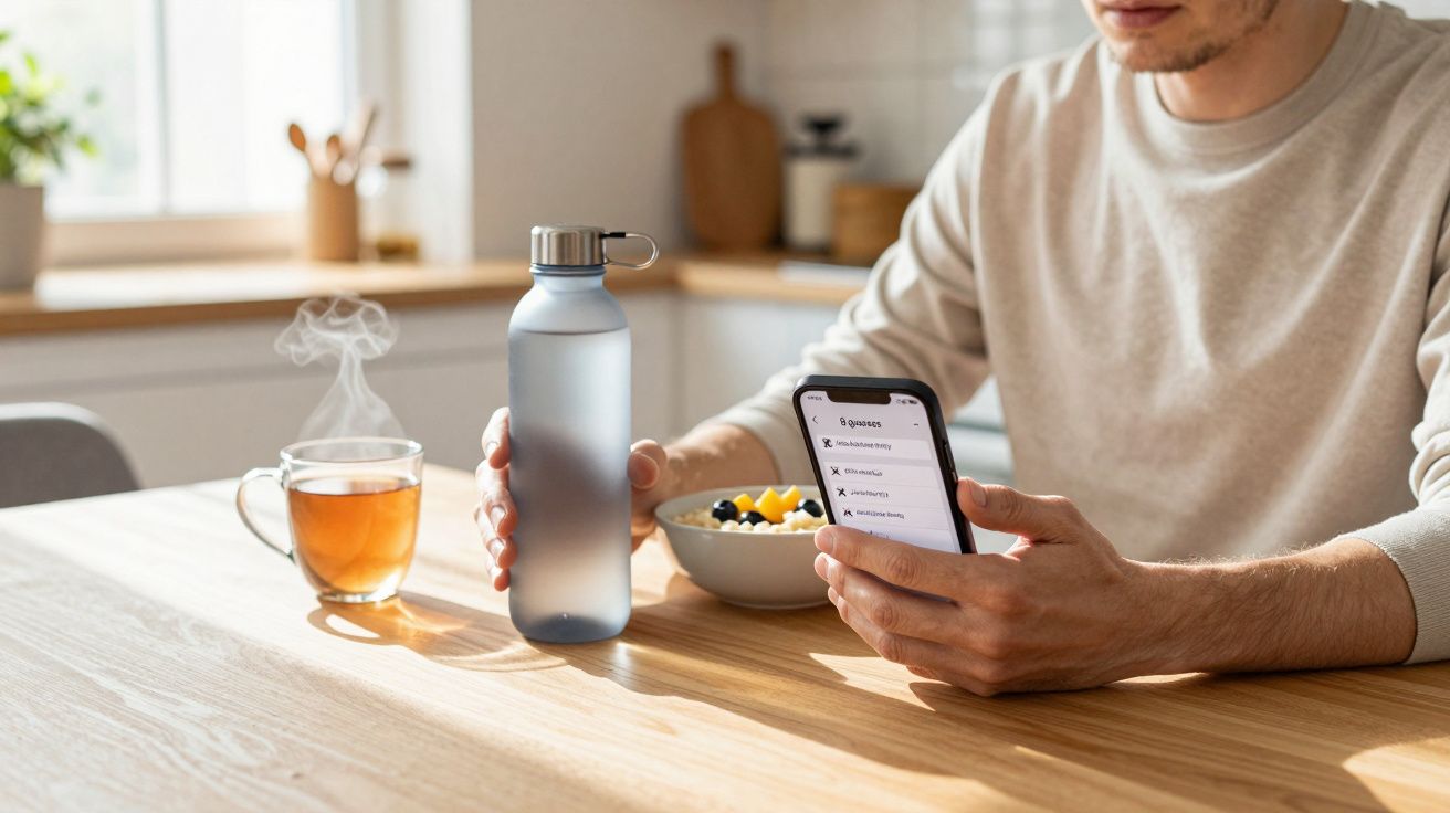 Man holding bottle and smartphone at a kitchen table with tea and fruit salad.