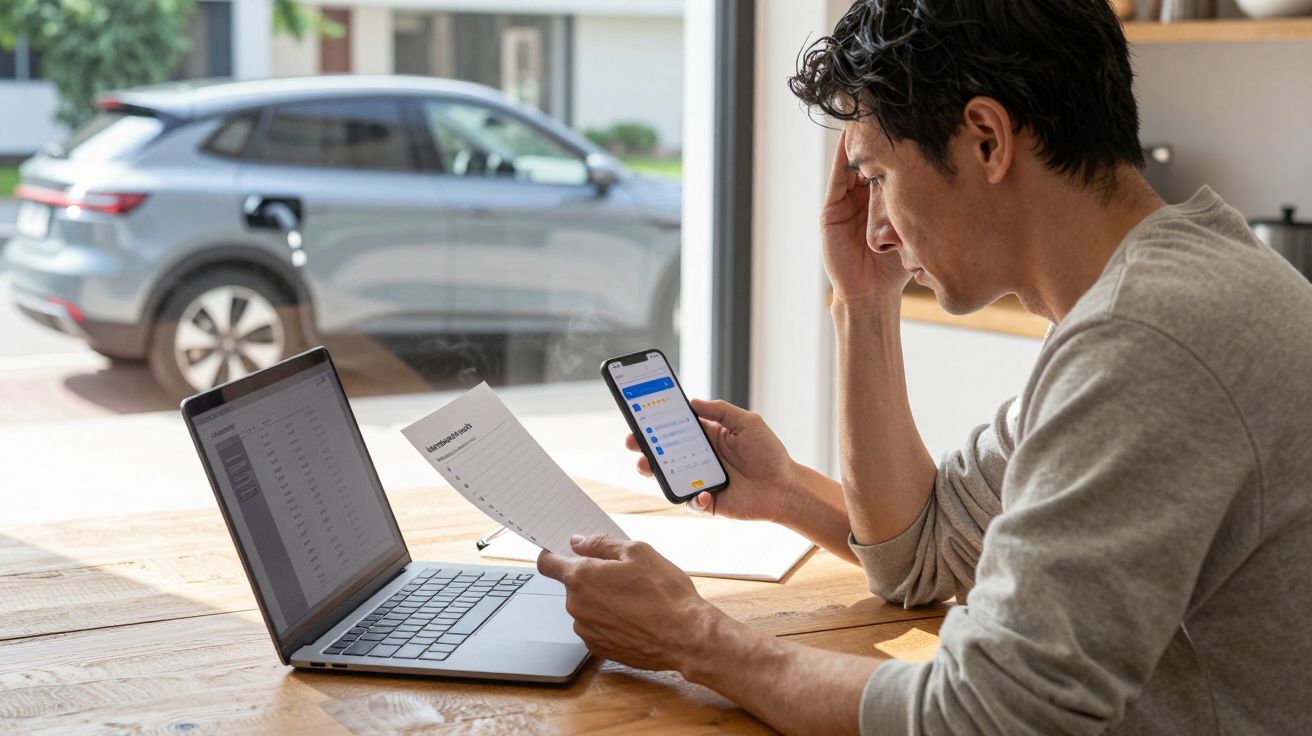 Man at desk reviewing a bill on phone, laptop open, grey electric car charging outside window.