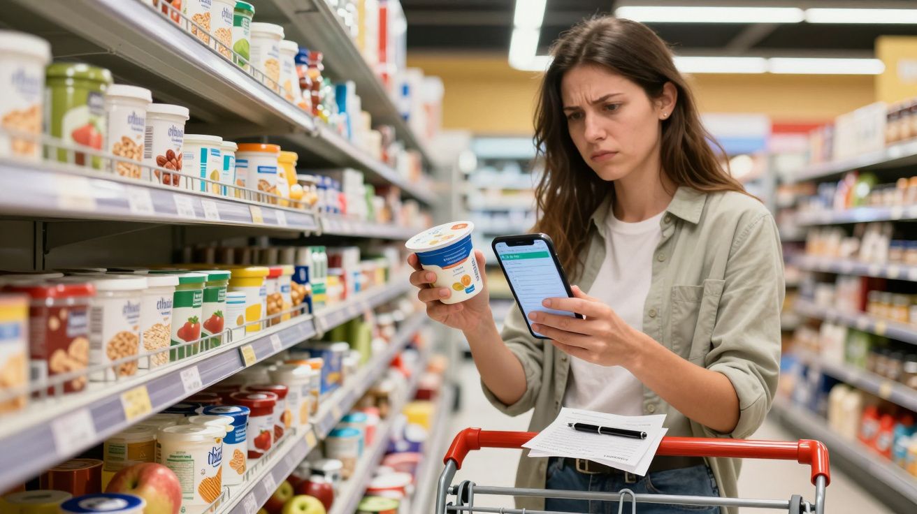 Woman in supermarket examining a product and checking her phone while pushing a trolley.