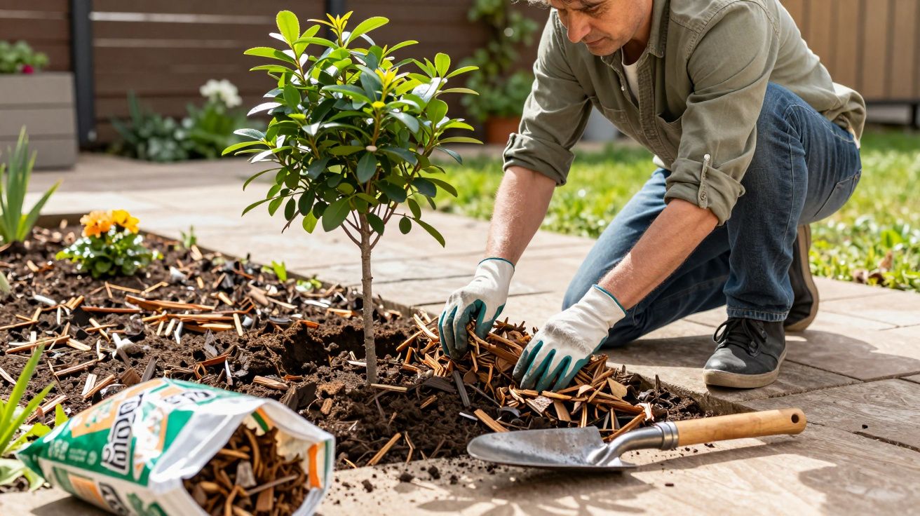 Man gardening by placing mulch around a small tree in a backyard, with a trowel and mulch bag nearby.