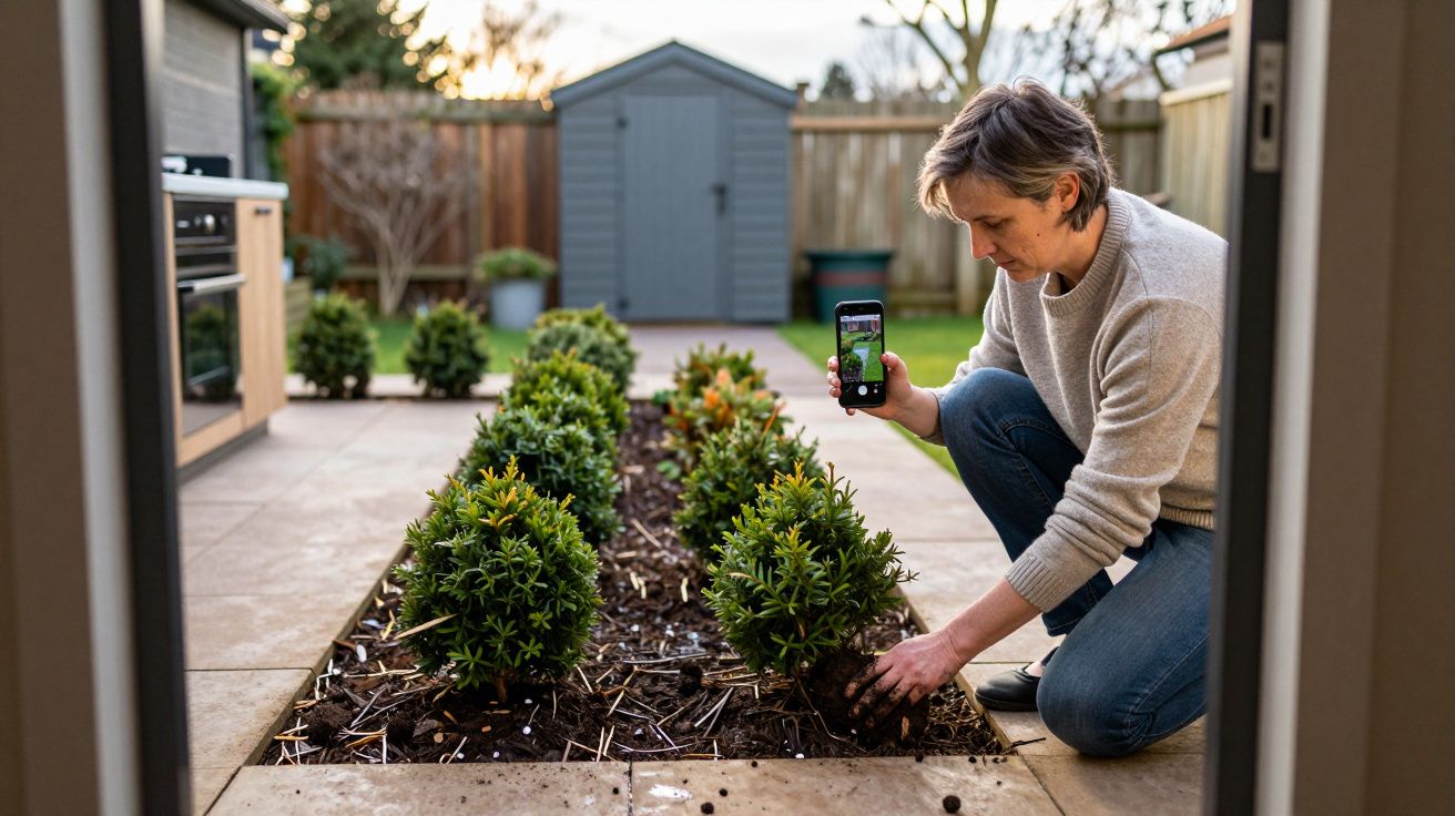 Person photographing plants in a tidy garden with a grey shed in the background, during the day.