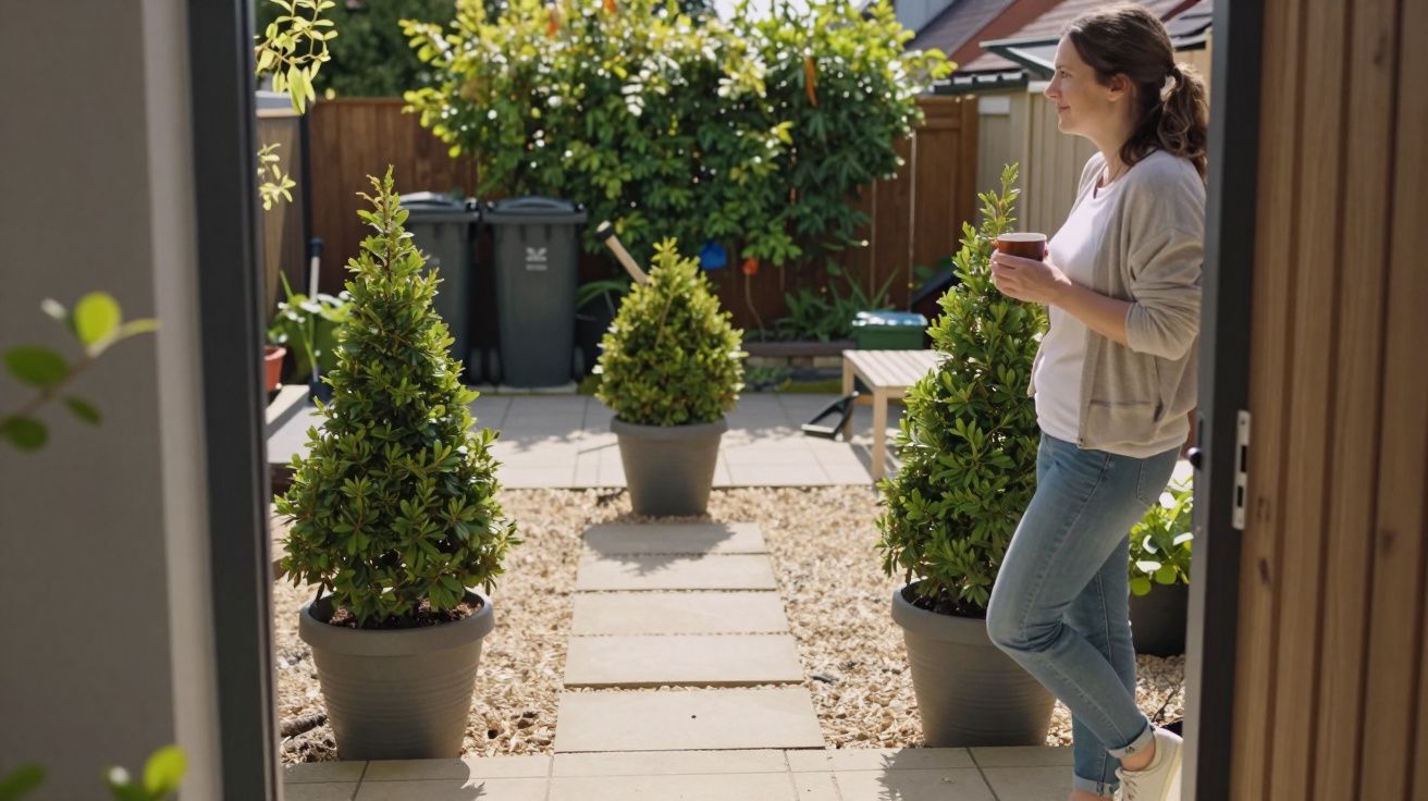 Woman with mug in garden, standing on patio lined with potted trees, looking at greenery with bins in the background.