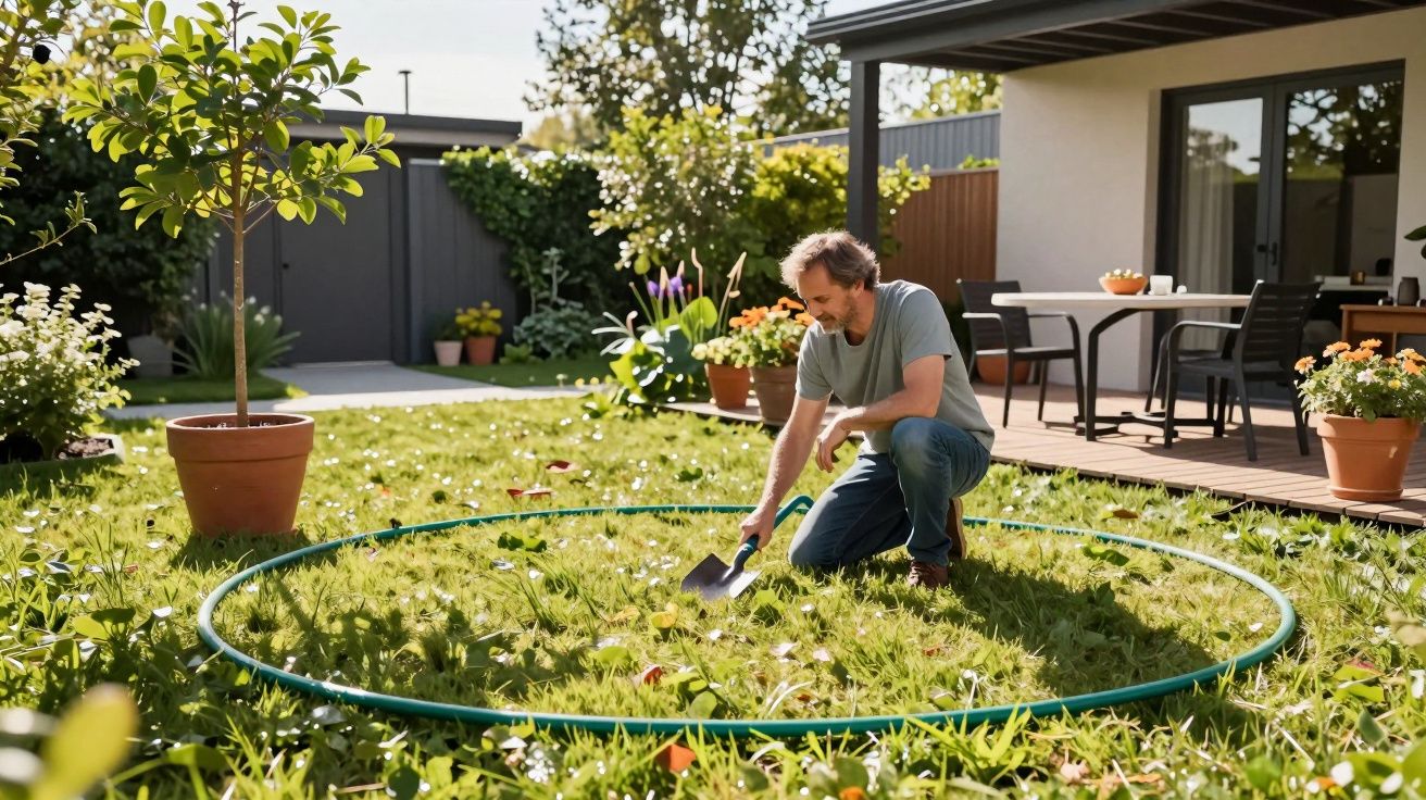 Man gardening in a sunny backyard, using a trowel inside a circular boundary on grassy lawn near a patio.