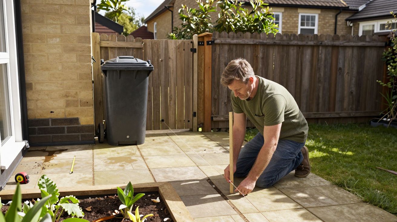 Man measuring patio tiles with a tape measure in a garden, beside a wooden fence and a grey bin.