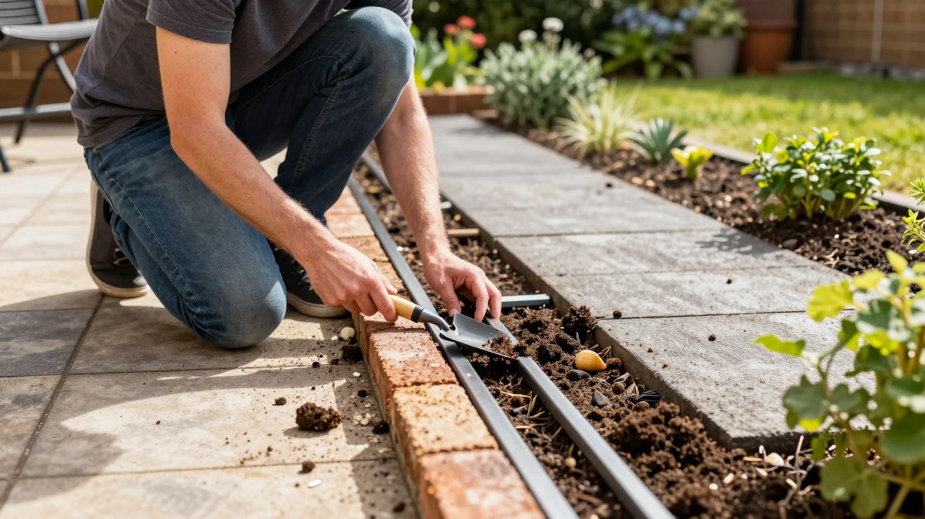 Man kneeling, installing irrigation system in garden, surrounded by soil, green plants, and paving slabs.