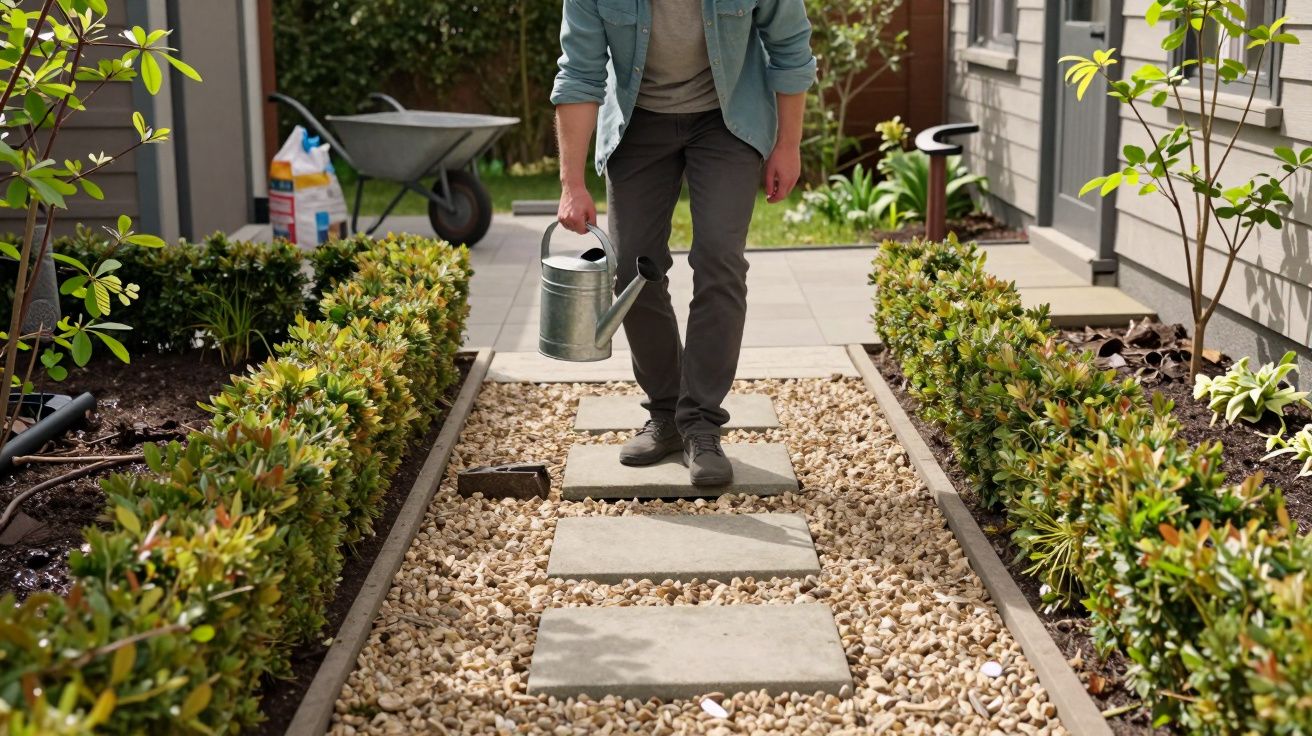 Man watering garden path with a metal watering can, surrounded by shrubs and pebble stones.