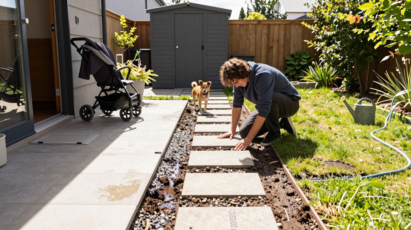 Man laying stepping stones in a garden while a dog watches; a stroller and shed are visible in the background.
