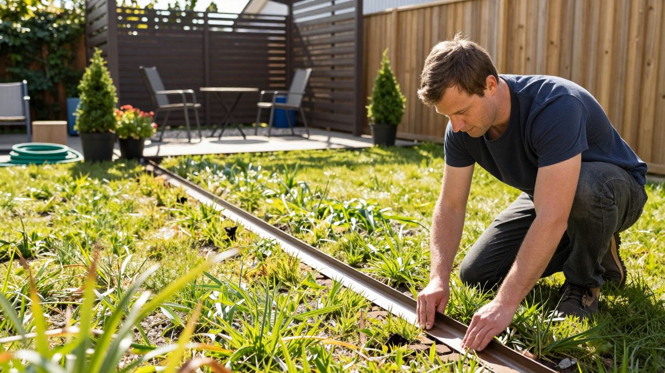 Man kneeling on lawn, installing garden edging in a sunny yard with patio furniture and potted plants in the background.