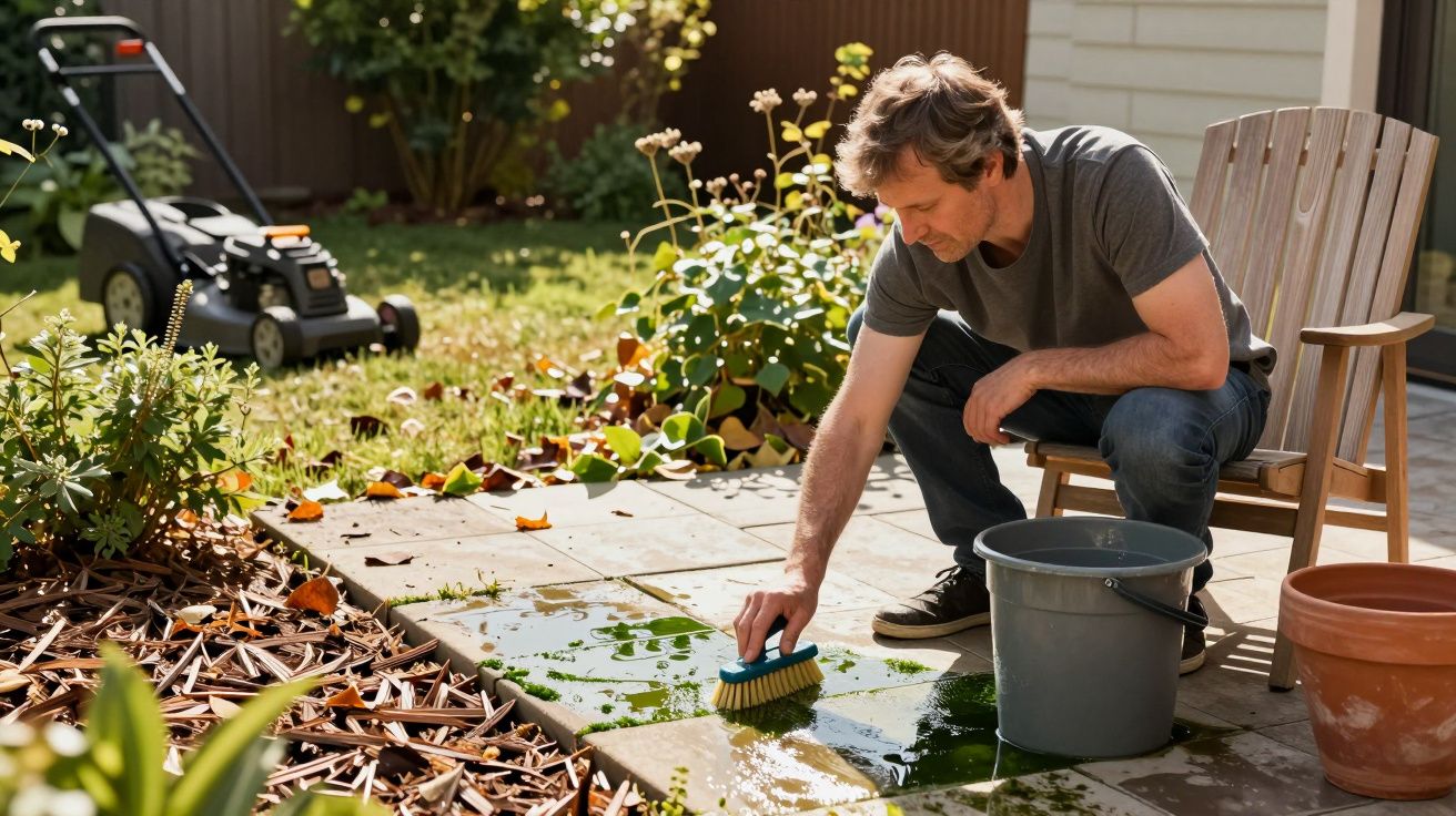 Man scrubs garden patio with brush and bucket, lawn mower visible, surrounded by plants and wooden chair.