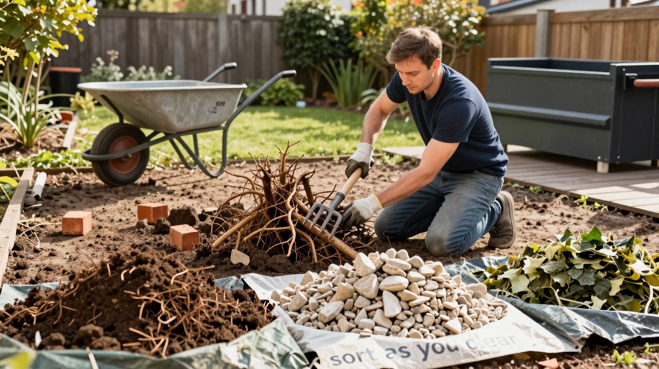 Man kneeling in garden, digging around roots with a fork, surrounded by soil, stones, and tools.