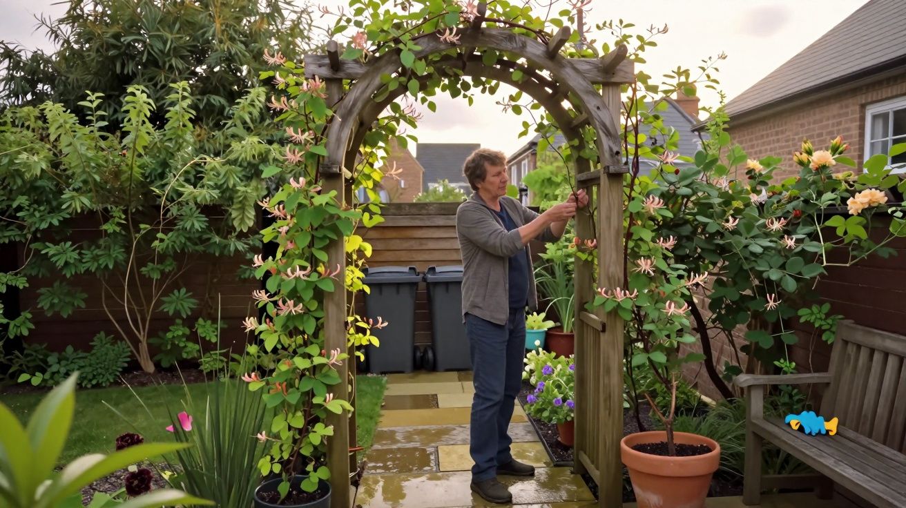 Person pruning honeysuckle on a wooden garden arch, surrounded by potted plants and benches in a residential garden.