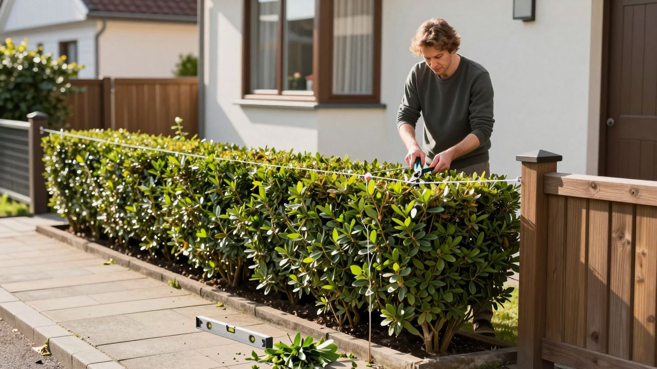 Man trimming a hedge with shears in front of a modern house, using a measuring tape for precision.