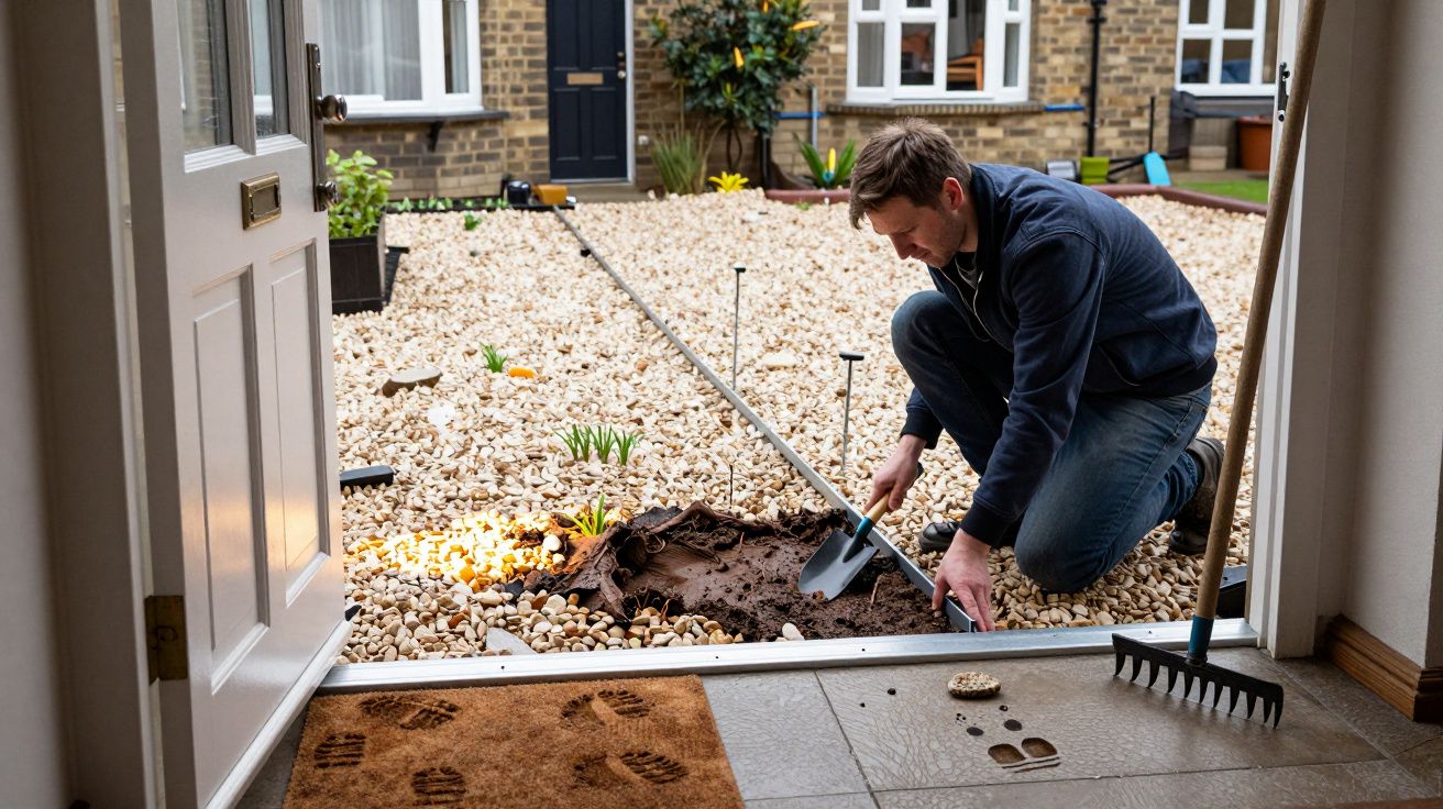 Man kneeling in a gravel garden, planting flowers next to a house, seen through an open door with footprints on the doormat.