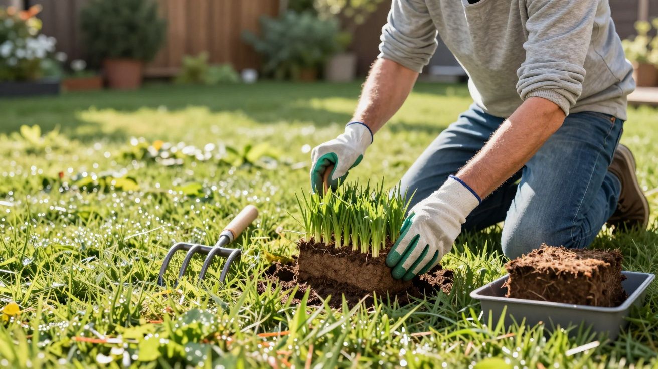 Gardener wearing gloves planting grass in a garden, with a spade and soil blocks on a sunny day.