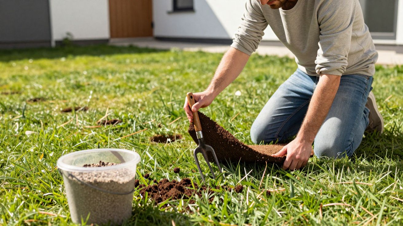 Man kneeling on grass, filling a hole with soil using a small spade. A bucket of pebbles sits nearby.