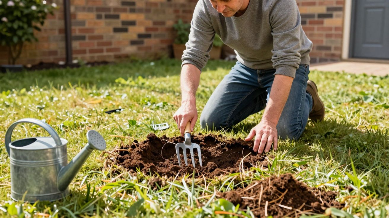 Man gardening, digging soil with hand fork in grassy yard, watering can nearby.