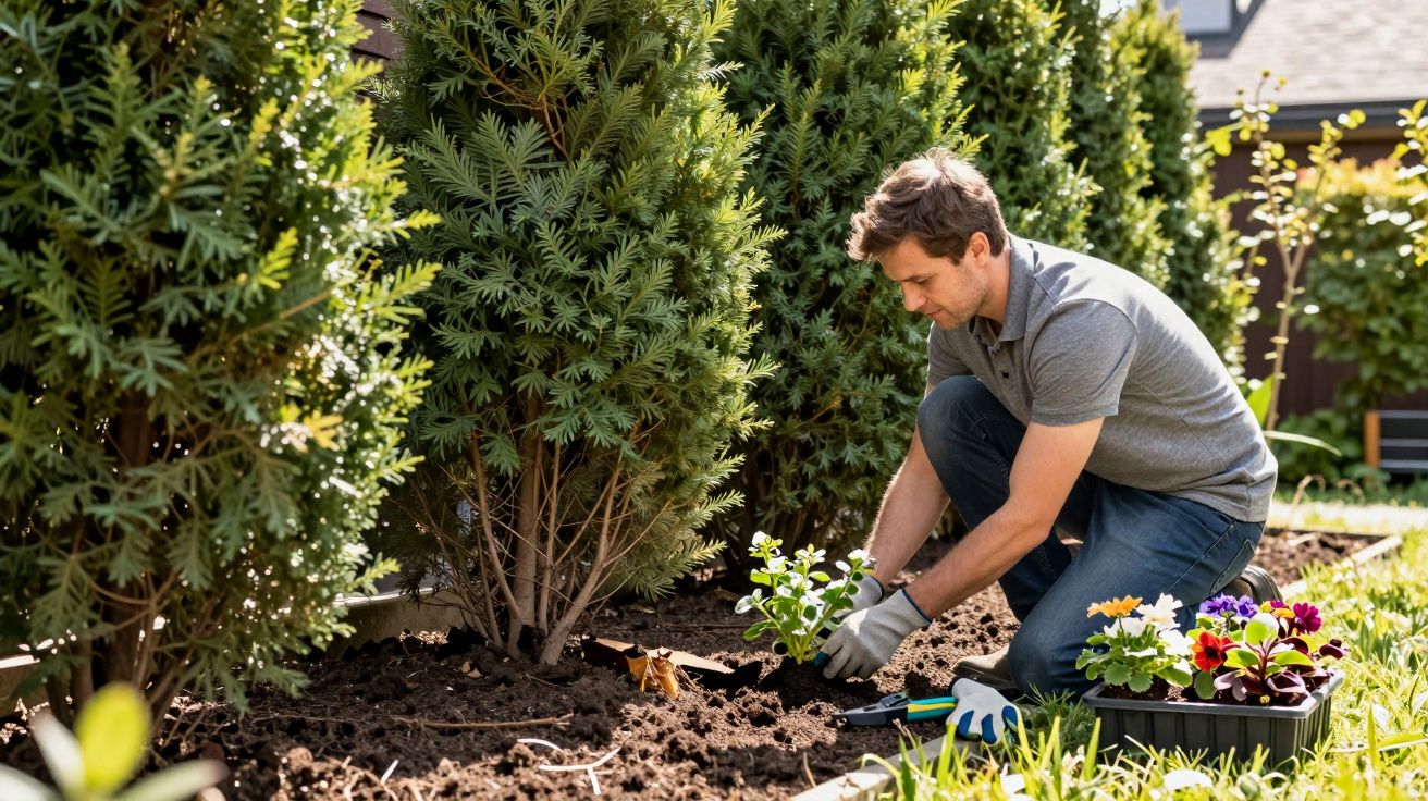 Man in grey shirt gardening, planting flowers in soil near green shrubs, sunny day.