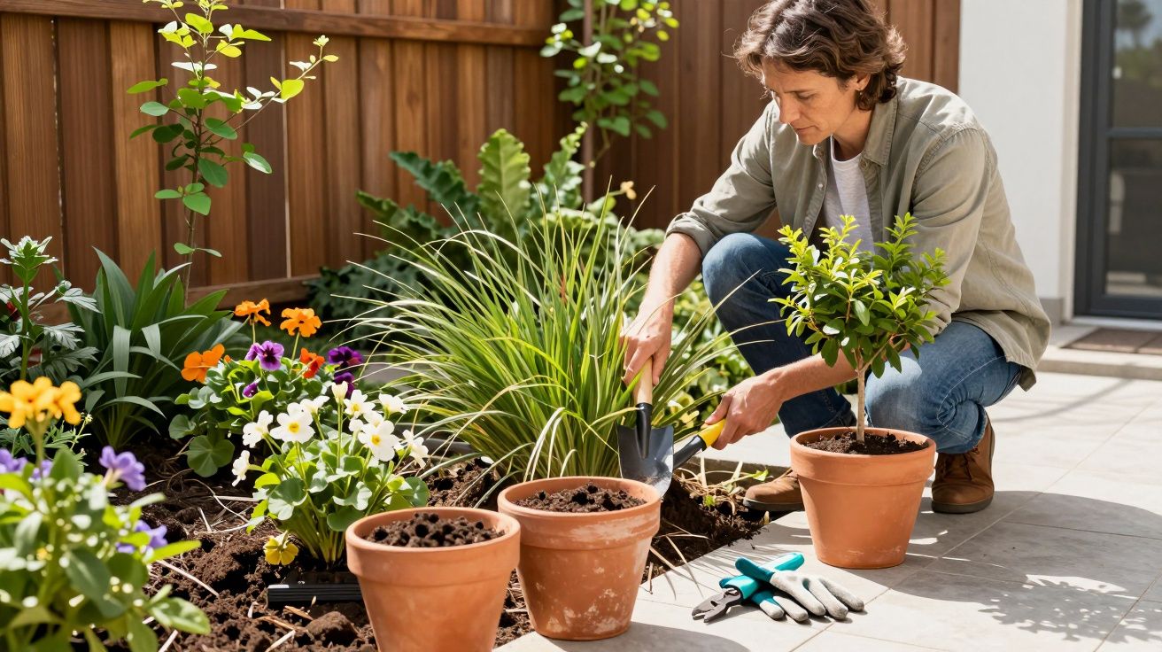 Person gardening, planting flowers and shrubs in a sunny backyard with tools and clay pots nearby.