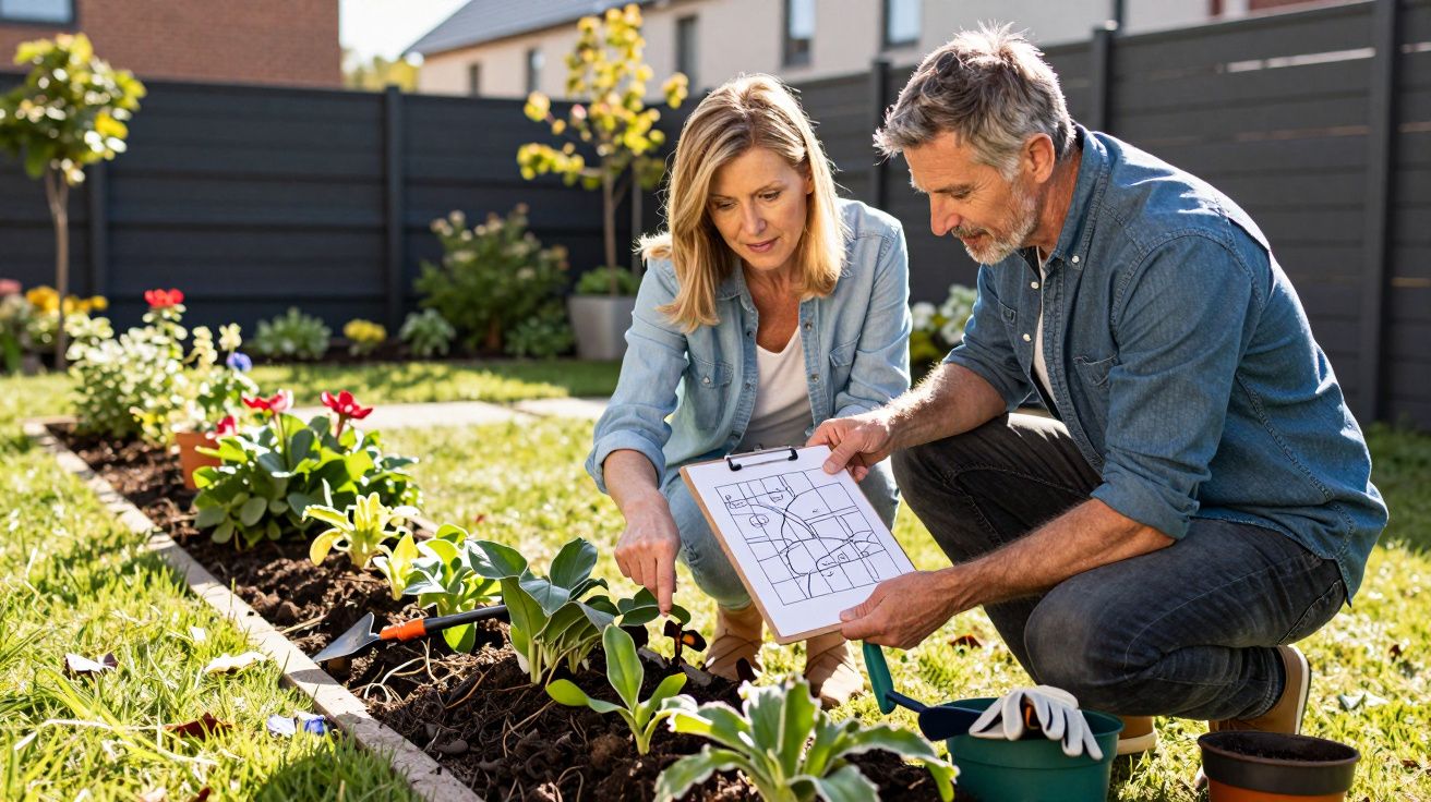 A man and woman plan a garden layout, pointing at plants and holding a clipboard with a sketch, on a sunny day.